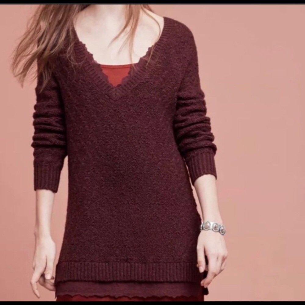 Anthropologie Knitted Knotted Burgundy Wine Lace Trim Tunic Sweater